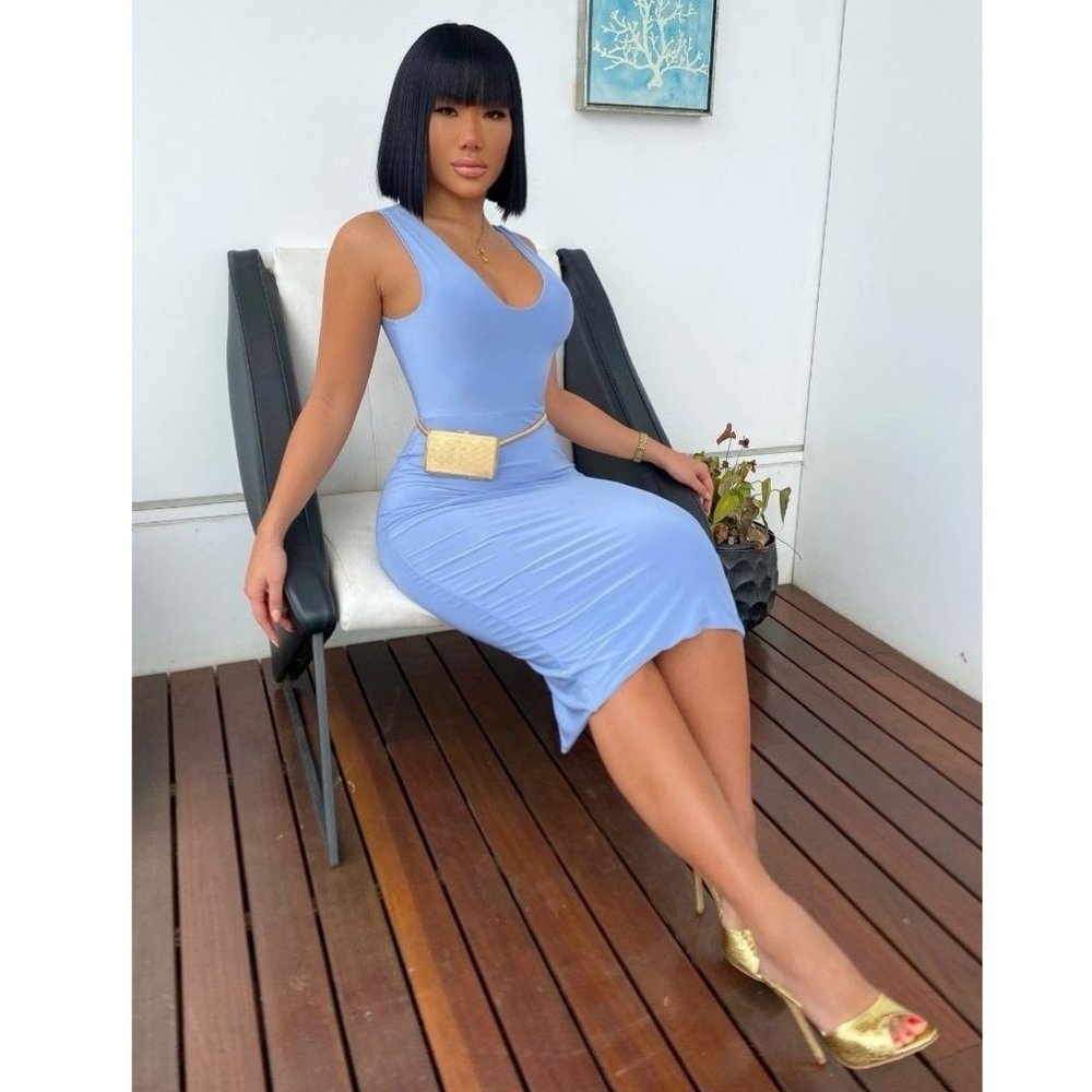 Blue Sleeveless V-Neck Bodycon Pencil Midi Dress - Picture 8 of 11